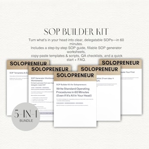 Może przedstawiać: Zestaw pięciu białych zeszytów z napisami "SOLOPRENEUR" i "SOP Builder Kit" na okładkach. Zeszyty służą do pisania standardowych procedur operacyjnych. Obraz zawiera również tekst "5-IN-1 BUNDLE".