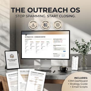 Op de afbeelding: Een bureaublad met een computermonitor met een CRM-dashboard, een tablet en afgedrukte documenten. De tekst luidt "THE OUTREACH OS" en "STOP SPAMMING. START CLOSING." Bevat een strategiehandleiding en e-mailscripts.