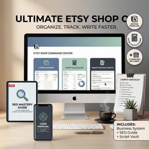 May include: A desktop computer, tablet, and smartphone display the "Ultimate Etsy Shop" theme. The computer screen shows the "Etsy Shop Command Center" with Listing Manager, Profit Calculator, and Smart Content Scripts. A "SEO Mastery Guide" and "User Manual" are also visible.