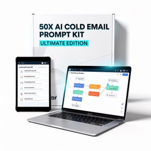 May include: A white box with the text "50X AI COLD EMAIL PROMPT KIT ULTIMATE EDITION" is displayed. A black tablet and a silver laptop are in front of the box. The laptop screen shows a workflow diagram. The tablet displays a list of prompts.