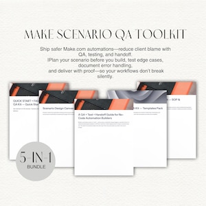 Może przedstawiać: Zestaw pięciu białych dokumentów z czarnymi i pomarańczowymi akcentami, zatytułowany "MAKE SCENARIO QA TOOLKIT". Dokumenty zawierają tytuły takie jak "Quick Start", "Scenario Design Canvas" i "A QA + Test Guide". Na dole znajduje się okrągła grafika "5-IN-1 BUNDLE".