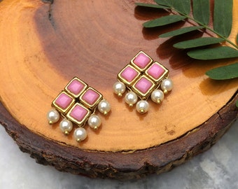 Faux Pearl Stud Earrings, Handmade Indian Contemporary Jewelry, Lightweight Everyday Earrings, Set of Two, Small Studs, Pastel Jewelry, Pink