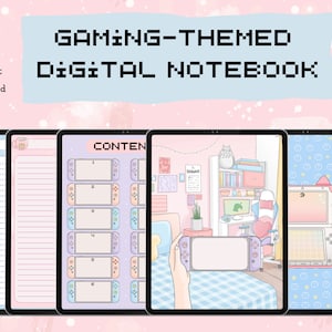 Gaming Themed Digital Hyperlinked Notebook with 12 sections, 17 templates in pink and blue themes, 9 cover options, note taking and planning