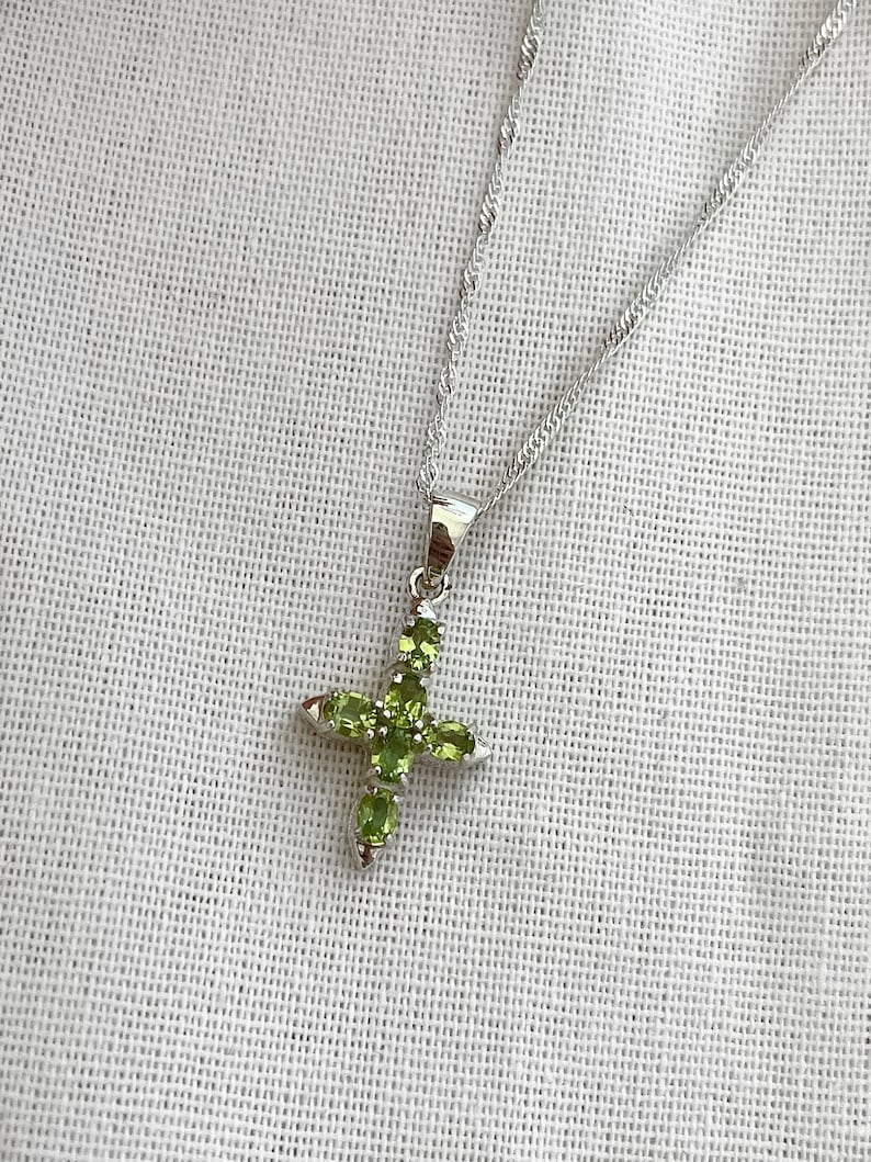 Silver Cross Pendant Necklace With Peridot Gemstones Sterling Etsy UK