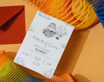 Personalised First Birthday Invitation Set – Oh How Time Flies – Printed A5 Invitations with Envelopes - Hippo (blue)