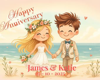 Custom Beach Anniversary Edible Cake Topper – Personalised Wedding Couple – Edible Frosting Sheet with Names & Date
