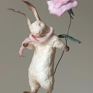 Vintage White Spun Cotton Christmas Ornaments Rabbit With Flower