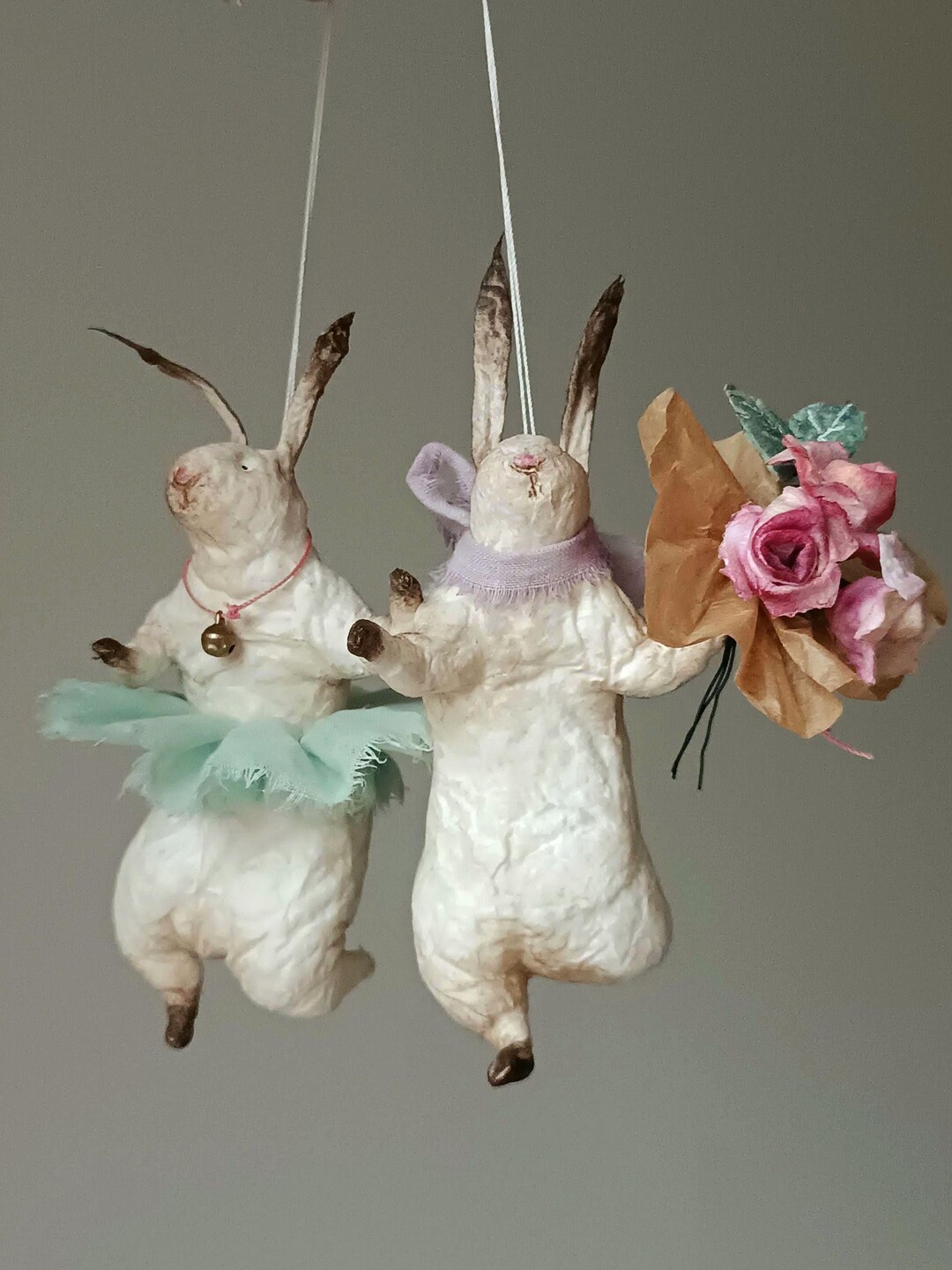 Handmade Cotton Rabbit Christmas Ornament: Antique Finish, Pink Roses ...