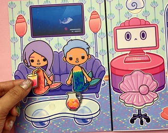 Libro de actividades Toca Boca Quiet Book, plantilla de casa de la familia de sirenas, muñeca de papel imprimible, actividad digital para niños, juego de simulación, libro de actividades.