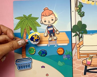 Plantilla de muñeca de papel de casa de playa con libro tranquilo de Toca Boca, libro de actividades imprimible, juguete de aprendizaje para niños, juego de viaje, juego de simulación educativo