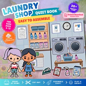 May include: A printable Laundry Shop quiet book featuring two cartoon characters, a shelving unit with laundry supplies, two washing machines, a clock, and various movable items including a basket, detergent, and an iron, with text labels.