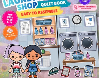 Toca Boca Laundry Shop Paper Doll Quiet Book Printable PDF Kids Laundry Play Pretenziod Cleaning Activity