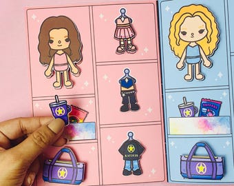 Plantilla imprimible de libro silencioso Toca Boca Kat3y3s para niñas, muñecas de papel, amigos, manualidades para niños, juego de simulación