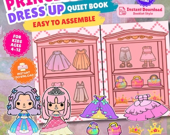 May include: A printable quiet book set featuring two illustrated pink wardrobes with shelves containing various dresses and accessories. Includes two cartoon characters with pink and purple hair, multiple colorful gowns, purses, and crowns for dress-up play.