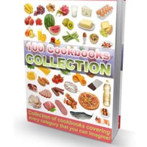 Op de afbeelding: Een kookboek getiteld "100 Cookbooks Collection" met een kleurrijke omslag met diverse voedingsmiddelen zoals fruit, groenten en bereide gerechten. De omslag bevat ook de tekst "Collection of cookbooks covering every category that you can imagine!"