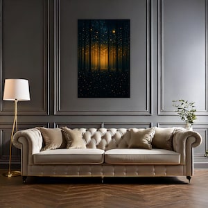 Mystical Forest Wall Art, Glowing Fireflies in Dark Woods Canvas, Enchanted Nature Scene Vertical Poster