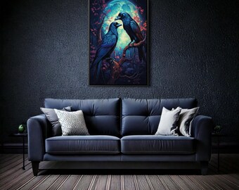 Romantic Raven Couple Wall Art - Dark Forest Gothic Print, Mysterious Crow Painting, Dark Academia Wildlife Canvas, Enchanted Nature Decor