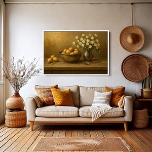 Stillleben Wandkunst, rustikale Küchendekoration mit Blumen und Früchten im Landhausstil