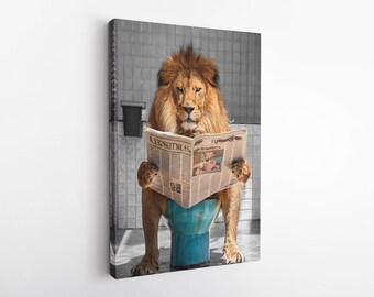 Lion on Toilet Wall Art, Lion Reading News, Wild Animal Canvas, Lion Canvas Print, Black White Lion, Wall Art Canvas, Gift for Him, Gifts