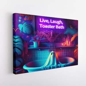 Live, Laugh, Toaster Bath Wall Art, Cool Bath Art, Trippy Gothic Bathroom Canvas, Funny Ghost Print, Trippy Decor, Cottagecore Style Canvas,