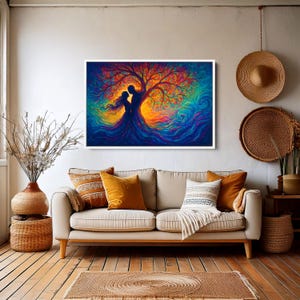 Colorful Couple Tree of Life Wall Art, Vibrant Romantic Love Painting, Whimsical Abstract Canvas Print