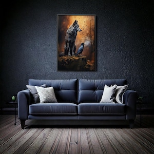 Mystical Wolf and Raven Art Print - Dark Gothic Fantasy Wildlife Canvas, Enchanted Forest Decor, Crow and Wolf Symbiotic Artwork