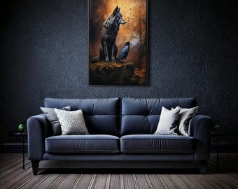 Mystical Wolf and Raven Art Print - Dark Gothic Fantasy Wildlife Canvas, Enchanted Forest Decor, Crow and Wolf Symbiotic Artwork