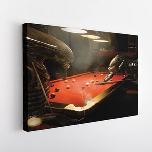 Alien vs Predator Playing Pool Match Canvas Home Decor Hand Made Canvas Print Playing Pool Poster Alien Canvas Art Predator Canvas Print Art