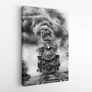 Sneltreinlocomotief canvas en sneeuwspoor in het bos stoom oude trein vervoer muur kunst spoorweg stoomlocomotief kamer decor print kunst