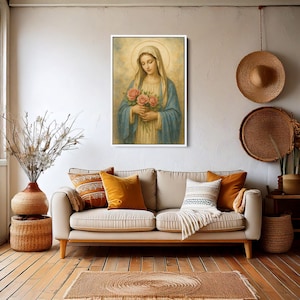 Blessed Virgin Mary Wall Art, Catholic Poster with Roses, Spiritual Christian Home Decor