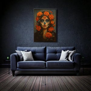 Day of the Dead Girl Wall Art, Sugar Skull Woman Vertical Canvas Print, Mexican Dia de los Muertos Gothic Decor