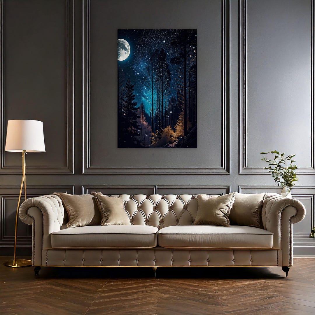 Moon & Stars Wall Art - Vintage Dark Forest Landscape, Mystical Night ...