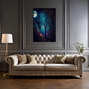 Moon & Stars Canvas Art - Vintage Night Sky Landscape, Mystical Forest Wall Print, Dark Academia Home Decor, Celestial Farmhouse Artwork