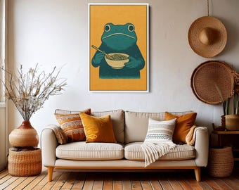 Whimsical Frog Wall Art, Ramen Eating Frog Illustration, Funny Animal Poster for Kitchen or Kids Room