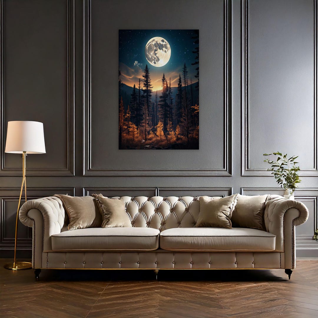 Framed Moonlit Pine Tree Forest Canvas - Full Moon Wildflower Painting ...