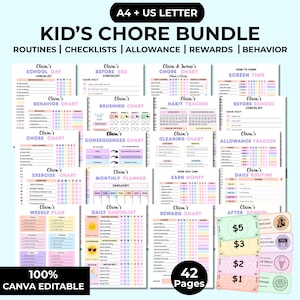 May include: A bundle of 42 Canva-editable chore charts and reward systems for kids. The bundle includes checklists, routines, and allowance trackers. The design features pastel colors and the text "Kid's Chore Bundle".