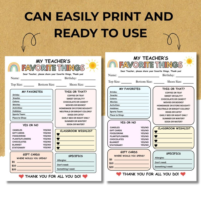Favorite Things Questionnaire | Teacher Favorite Things List | Editable ...