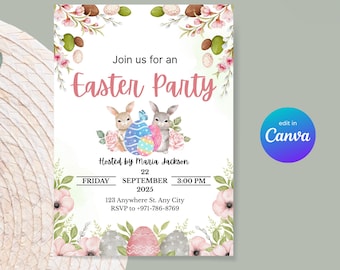 Easter Egg Hunt Invitation Printable | Floral Spring Easter Bunny Editable | Easter Party Invite Template | Gold Easter Egg Instant Download