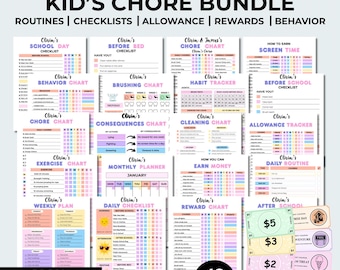 May include: A bundle of 42 Canva-editable chore charts and checklists for kids, including school day, before bed, and reward charts. The pages feature pastel colors and the text "Kid's Chore Bundle".