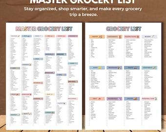 Lista maestra de la compra editable / Plantilla imprimible de lista de la compra / Lista de la compra digital / Planificador semanal de comidas imprimible en Canva