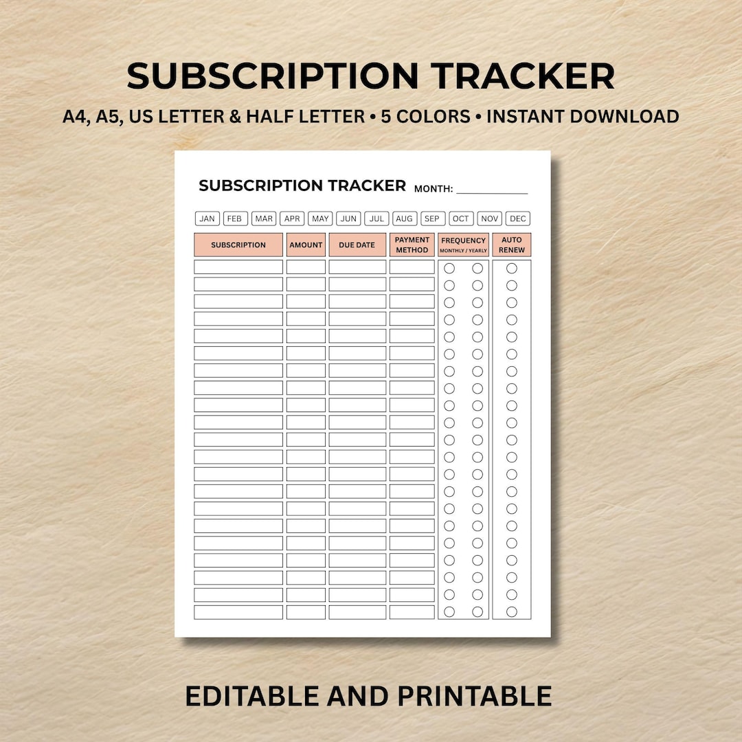 Editable Subscription Tracker | Printable Journal Page | Monthly ...