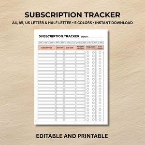 Puede incluir: Un rastreador de suscripciones imprimible blanco con un encabezado rosa. El rastreador incluye columnas para suscripción, cantidad, fecha de vencimiento, método de pago, frecuencia y renovación automática. El texto "SUBSCRIPTION TRACKER" está en la parte superior. Disponible en A4, A5, US Letter y Half Letter.
