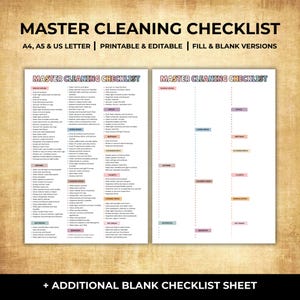 May include: A printable and editable cleaning checklist with fillable and blank versions. The checklist includes sections for the whole house, office, living room, entryway, kitchen, laundry room, bathroom, bedroom, dining room, and pet areas.