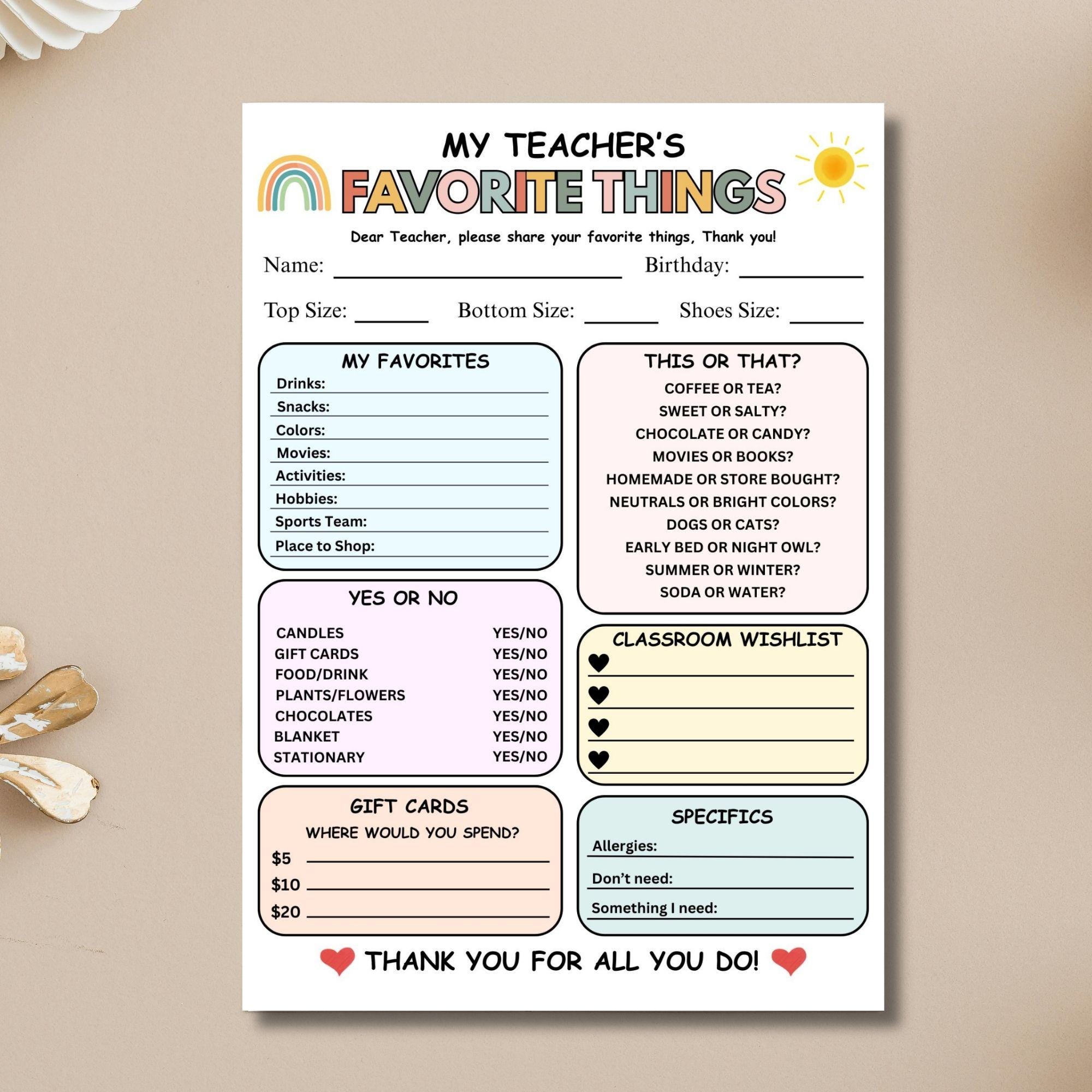 Favorite Things Questionnaire | Teacher Favorite Things List | Editable ...