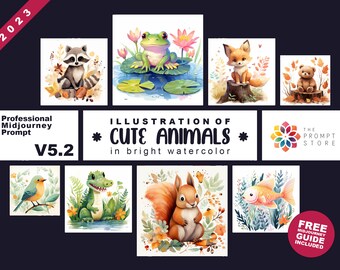 2023 Professional Midjourney Prompt Template, Illustration of Cute Animal in Bright Watercolor, Customizable, Free Guide, Best AI Prompts