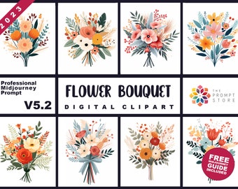 2023 Professional MidJourney Prompt of Flower Bouquet, Midjourney Art, Customizable, Free Guide, Print On Demand, Cards, Clip Art