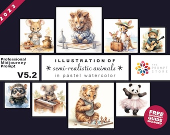 2023 Professional MidJourney Prompt Illustration of Animal in Pastel Watercolor, Editorial Art, Free Guide, Best Midjourney Prompts
