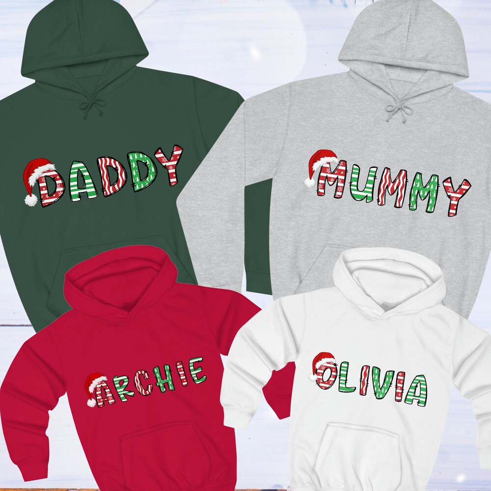 Christmas Family Matching Hoodies; Personalised Christmas Hoodies; Christmas Family Jumpers; Custom Name Hoodies; Family Funny Xmas Hoodies Printfushion