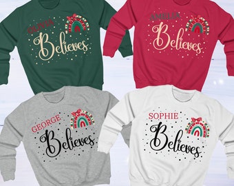 Personalised Christmas Kids Jumpers; Christmas Sweatshirts for Kids; Matching Custom Name Children Jumper;Believe Children's Xmas Sweatshirt