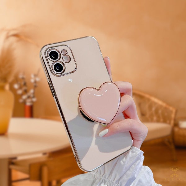 Heart Stand Holder iPhone Case For iPhone 15 14 13 12 11 SE X 8 7, Heart Kickstand Grip Cute Shockproof Phone Case Holder Camera Protection